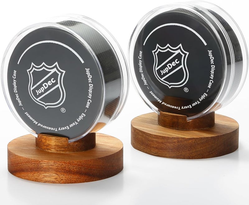JupDec Hockey Puck Display Case Acrylic Clear Holder with Wood Base, Autograph Souvenir Display Stand, Perfect Showcase for Your Collection, Brown, 2 Pack - Image 1